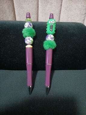 Whimsical Purple Beaded Pen Set with Green Accents